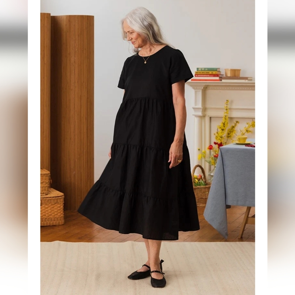 Tradlands Chalet Tiered Linen Dress Black Midi Maxi Short Sleeve